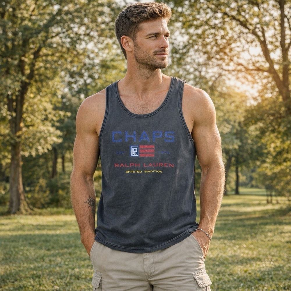 Vintage Chaps Ralph‎ Lauren USA Made Spirited Tradition USA Tank Grey Washed L
